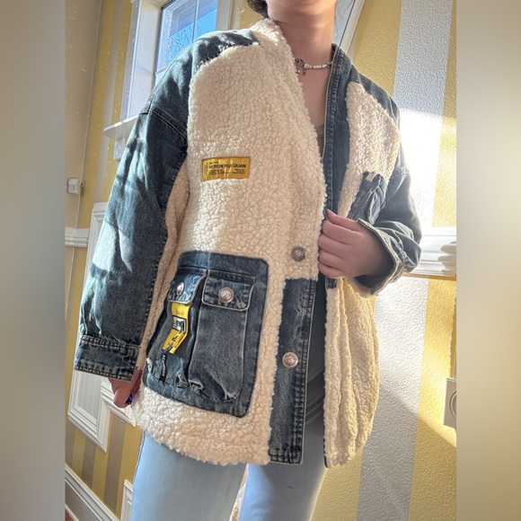 Jackets & Blazers - Denim and Sherpa Jacket with Yellow Accents